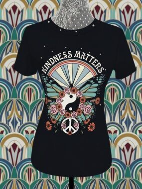 Ashley Blue Black Graphic Tee with Butterfly and Floral Design